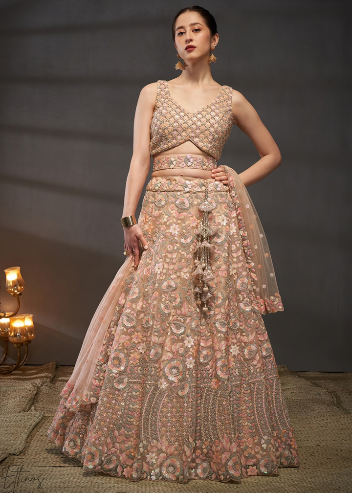 Sunset Amber Gilded Bouquet Net Lehenga