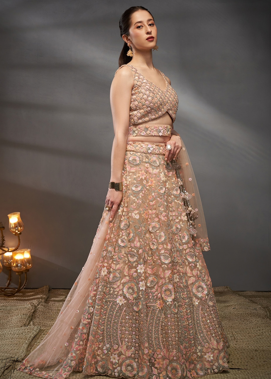 Sunset Amber Gilded Bouquet Net Lehenga