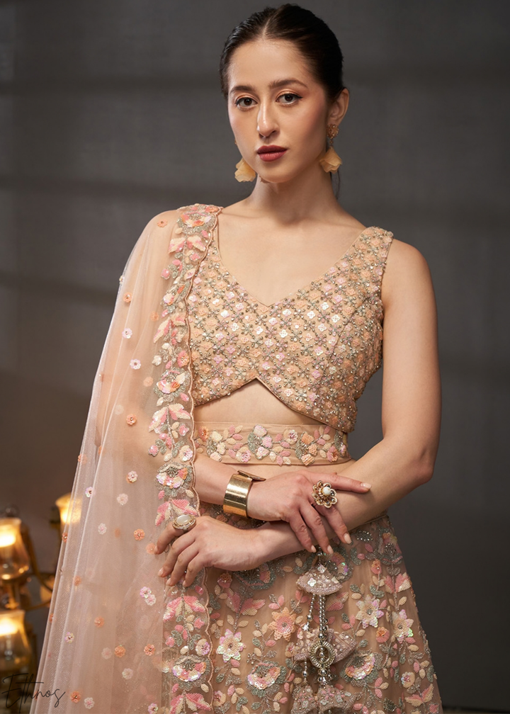Sunset Amber Gilded Bouquet Net Lehenga