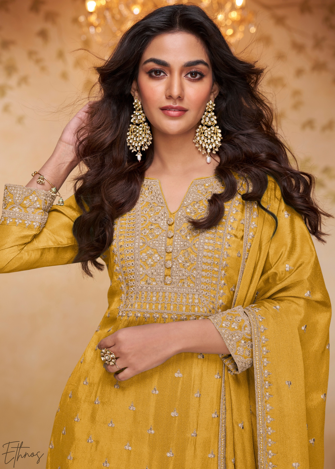 Sunset Amber Golden Motif Chinon Sharara Suit