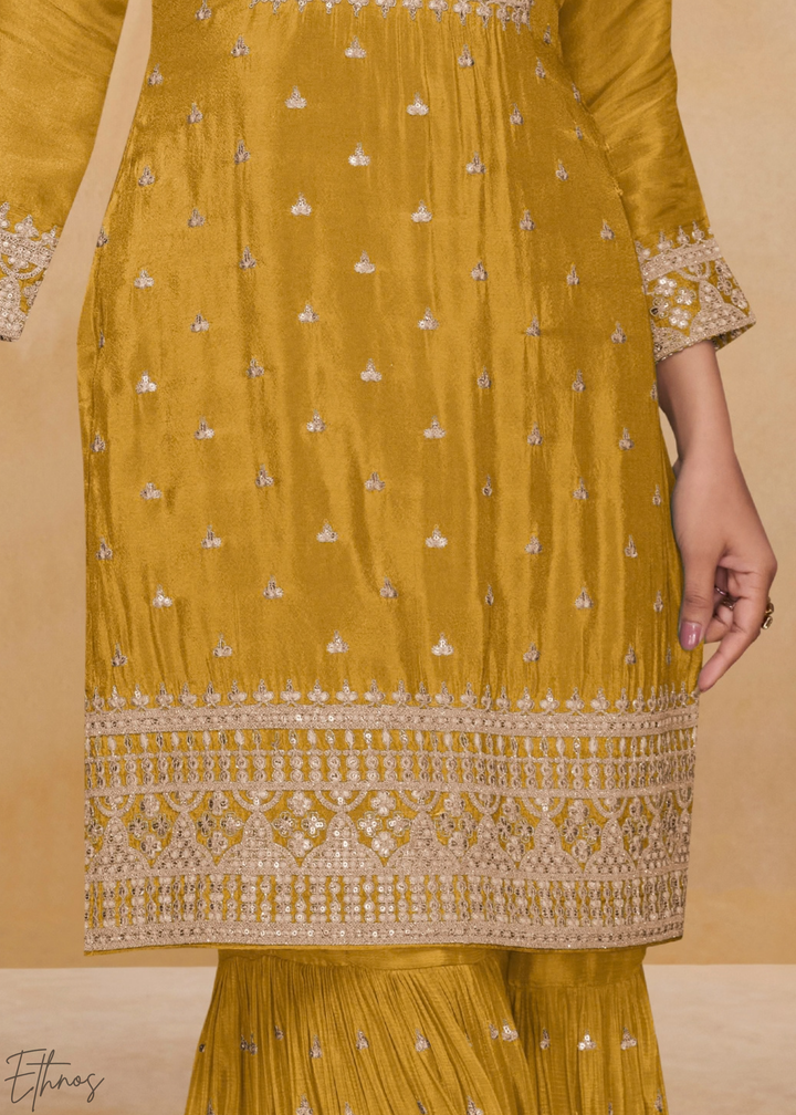Sunset Amber Golden Motif Chinon Sharara Suit
