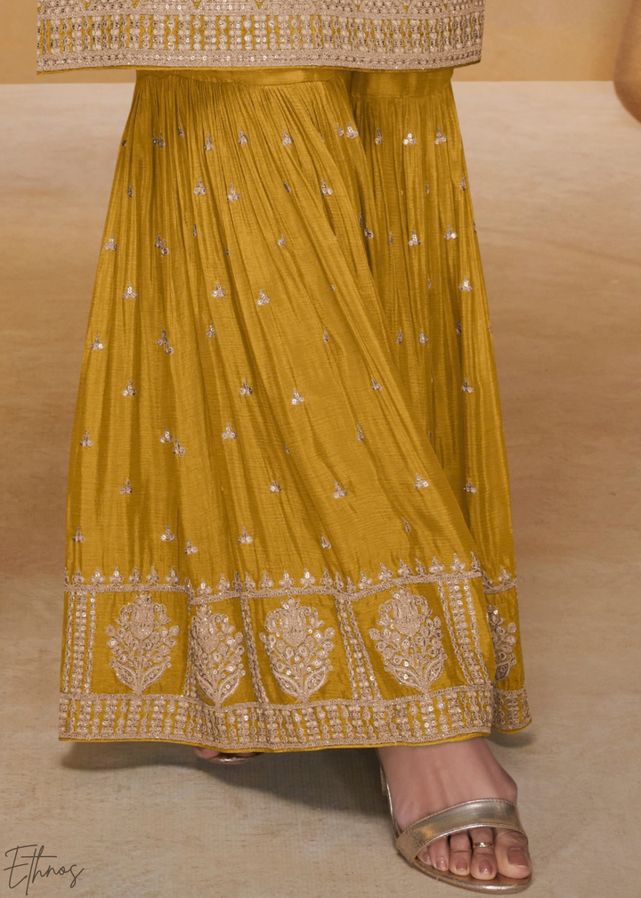 Sunset Amber Golden Motif Chinon Sharara Suit