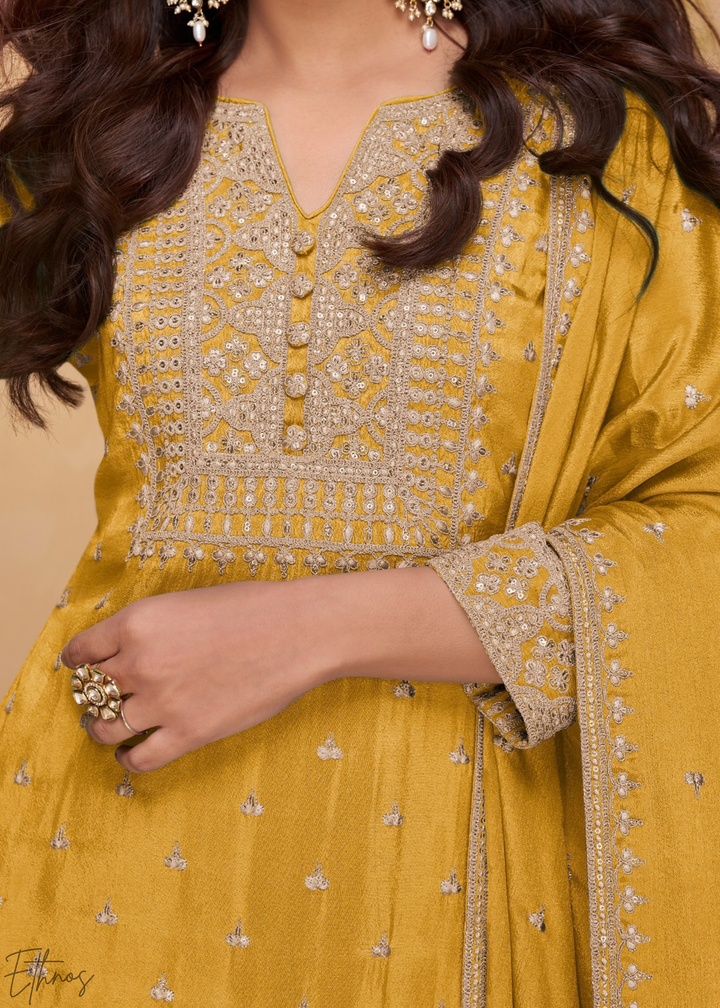 Sunset Amber Golden Motif Chinon Sharara Suit