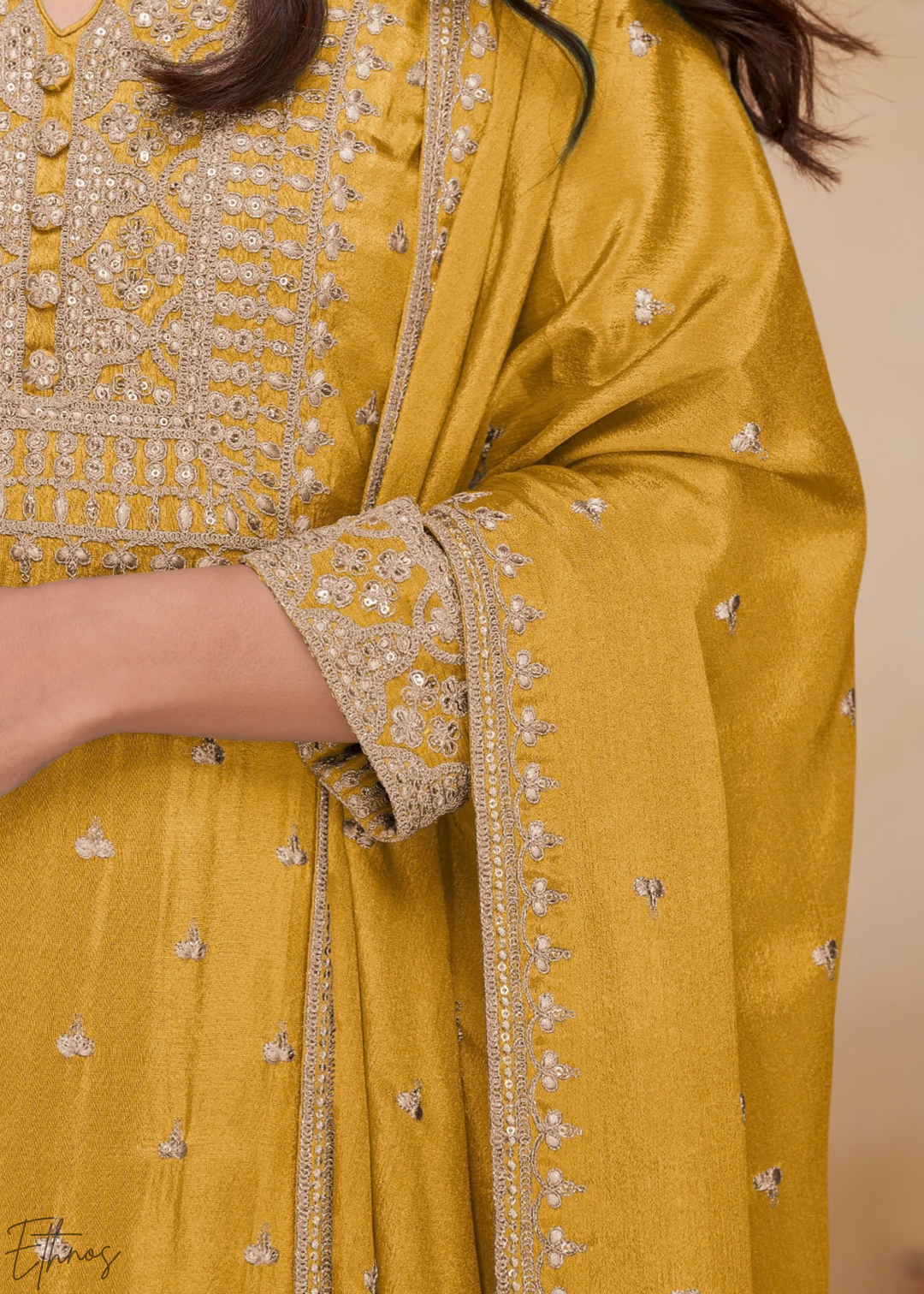 Sunset Amber Golden Motif Chinon Sharara Suit