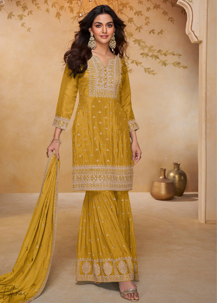 Sunset Amber Golden Motif Chinon Sharara Suit