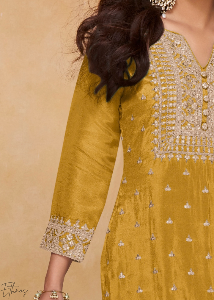Sunset Amber Golden Motif Chinon Sharara Suit