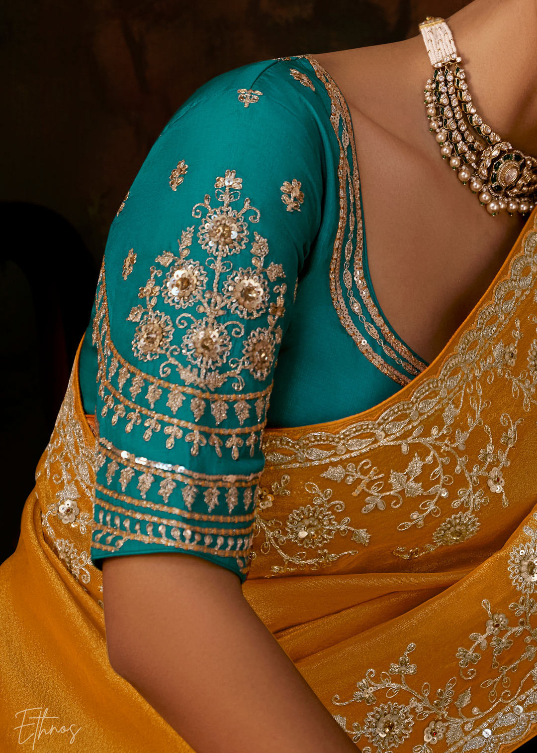Sunset Amber Tambour Embroidered Border Tissue Saree