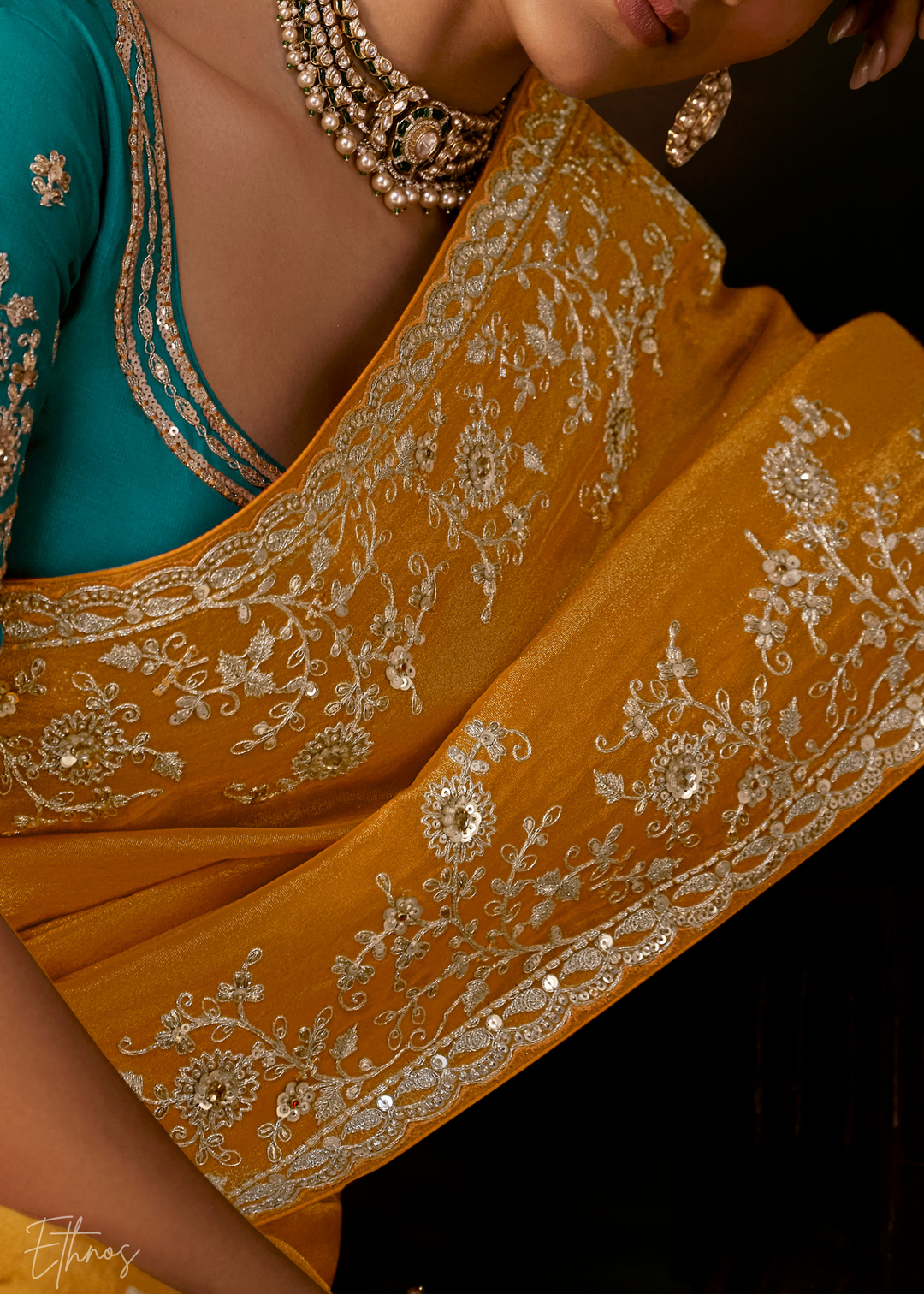 Sunset Amber Tambour Embroidered Border Tissue Saree