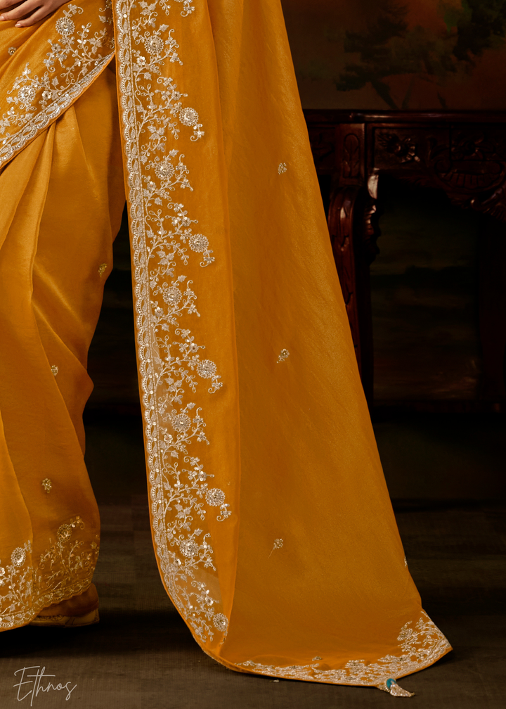 Sunset Amber Tambour Embroidered Border Tissue Saree