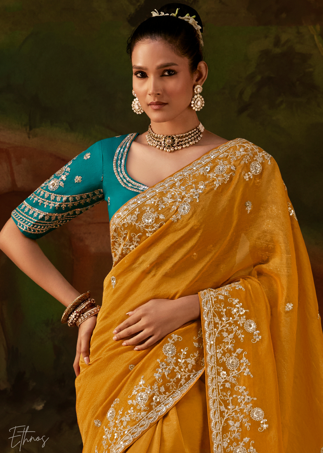Sunset Amber Tambour Embroidered Border Tissue Saree