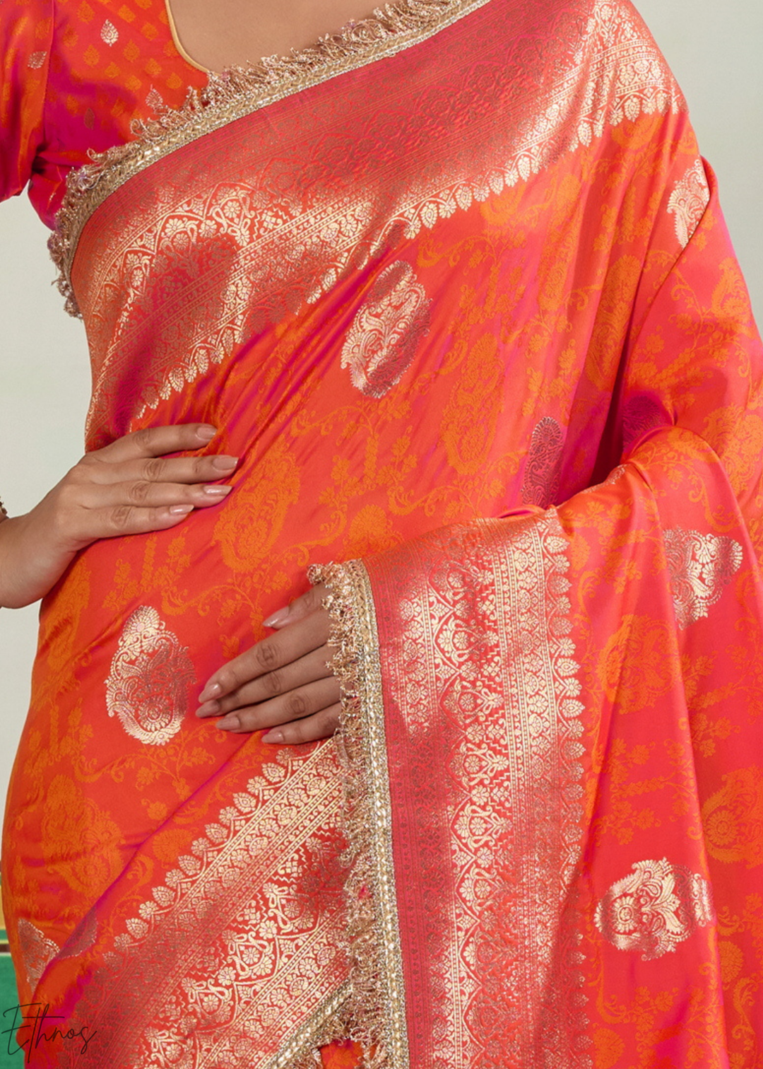 Sunset Coral Aurelian Border Silk Saree