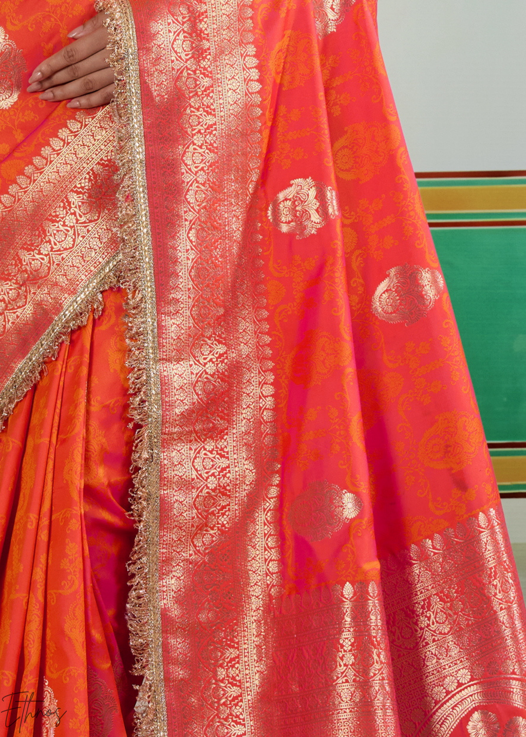 Sunset Coral Aurelian Border Silk Saree