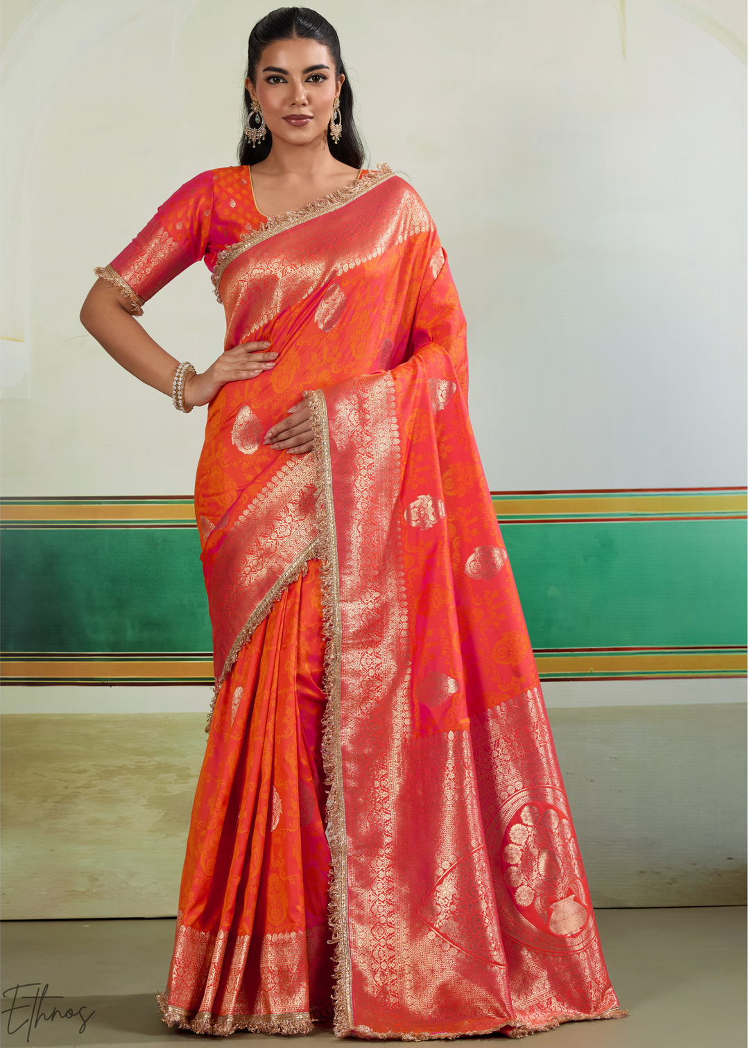 Sunset Coral Aurelian Border Silk Saree