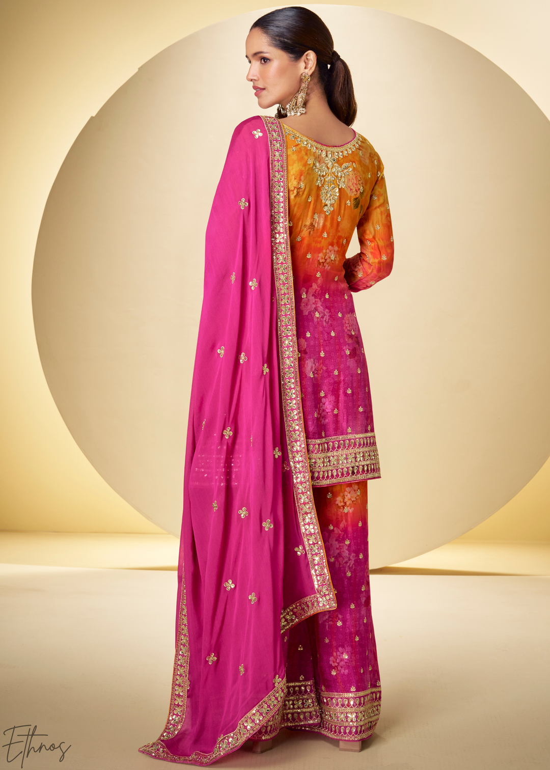 Sunset Fuchsia Radiant Medallion Chinon Digital Print Palazzo Suit
