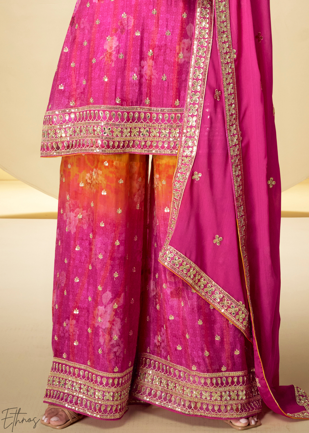 Sunset Fuchsia Radiant Medallion Chinon Digital Print Palazzo Suit