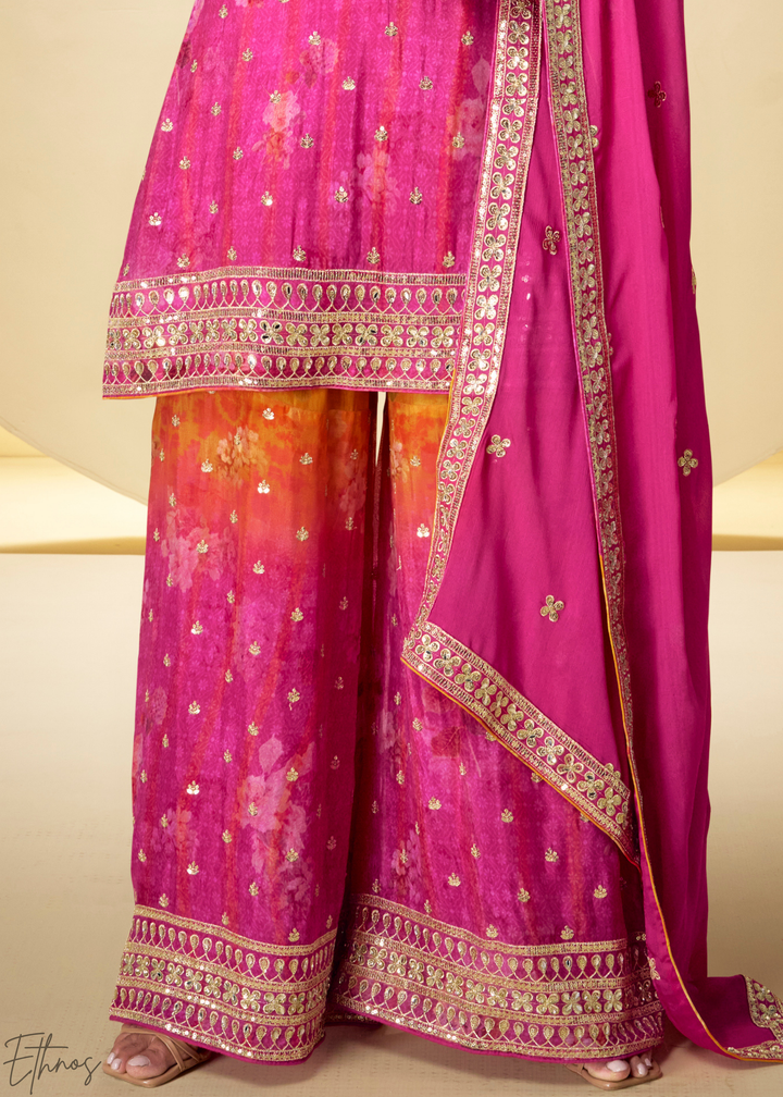 Sunset Fuchsia Radiant Medallion Chinon Digital Print Palazzo Suit