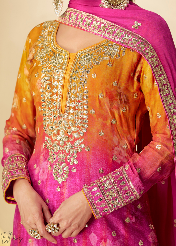 Sunset Fuchsia Radiant Medallion Chinon Digital Print Palazzo Suit