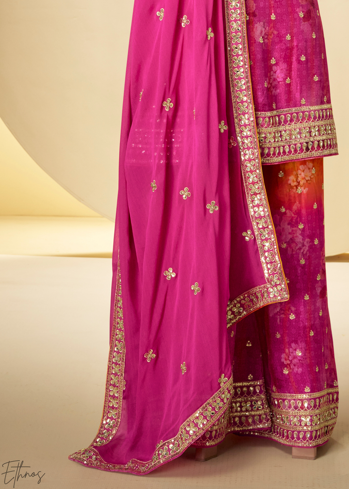 Sunset Fuchsia Radiant Medallion Chinon Digital Print Palazzo Suit