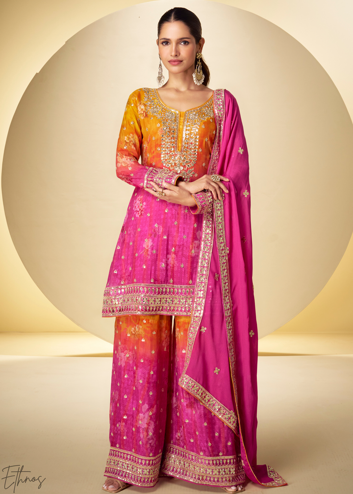 Sunset Fuchsia Radiant Medallion Chinon Digital Print Palazzo Suit