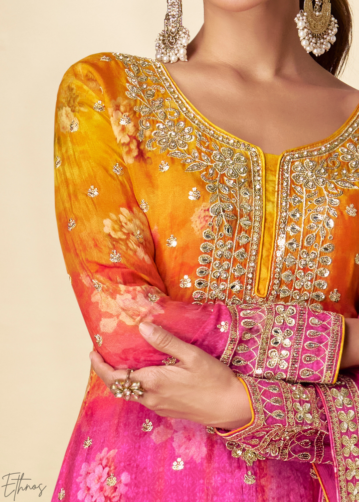 Sunset Fuchsia Radiant Medallion Chinon Digital Print Palazzo Suit