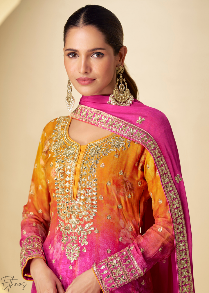Sunset Fuchsia Radiant Medallion Chinon Digital Print Palazzo Suit