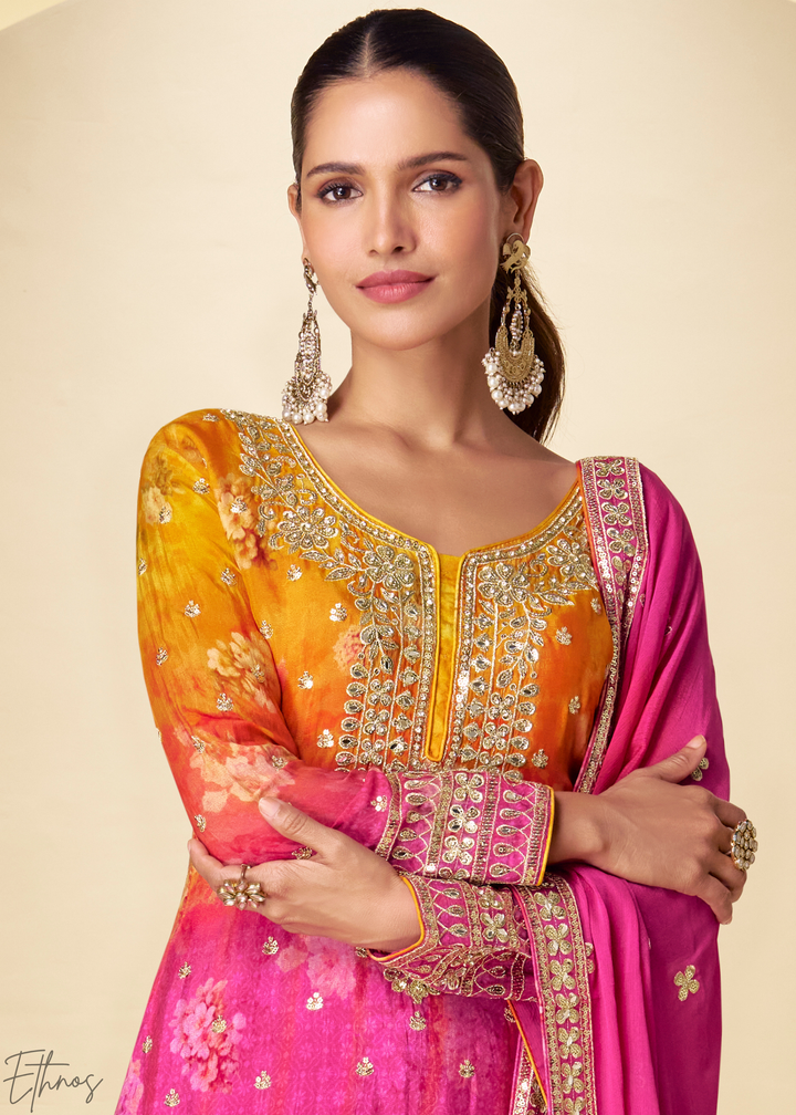 Sunset Fuchsia Radiant Medallion Chinon Digital Print Palazzo Suit