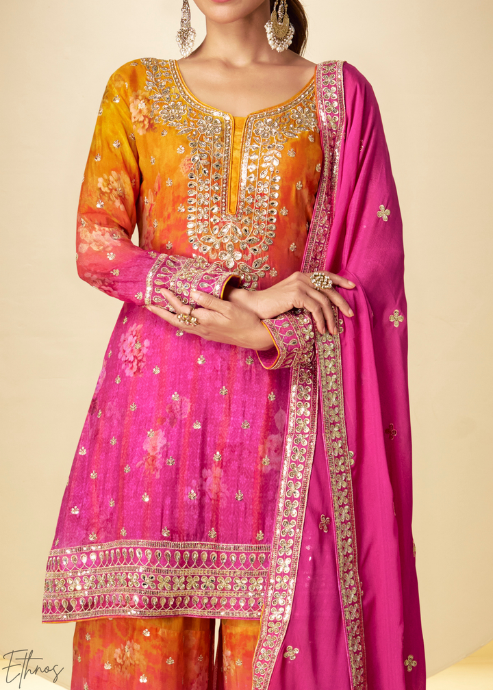 Sunset Fuchsia Radiant Medallion Chinon Digital Print Palazzo Suit