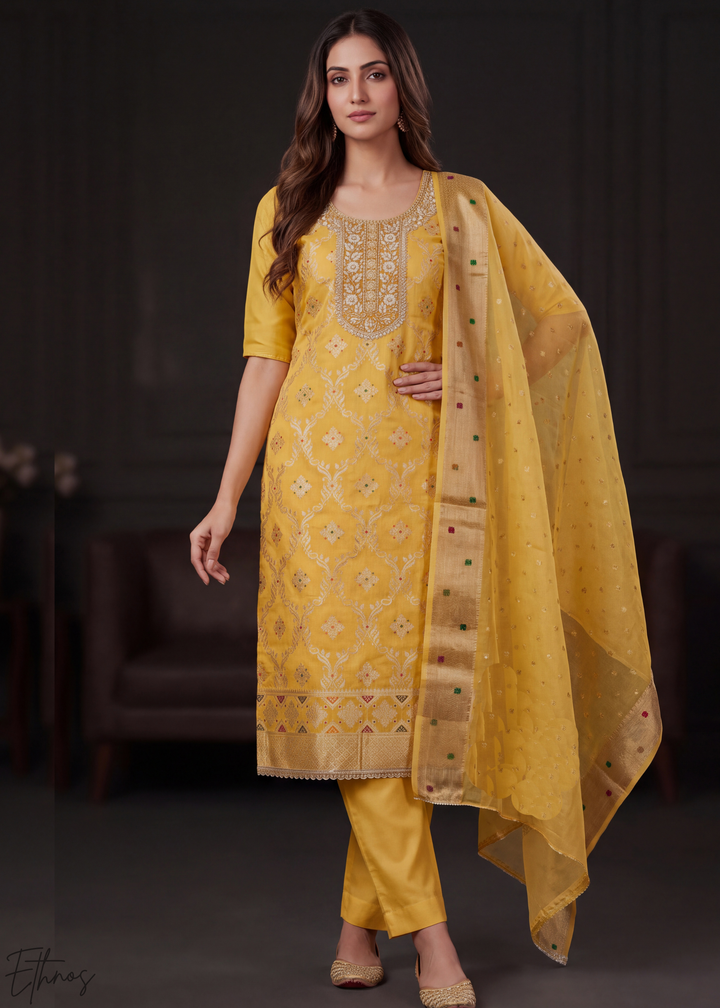 Sunset Marigold Geometric Tile Banarasi Cotton Pant Suit