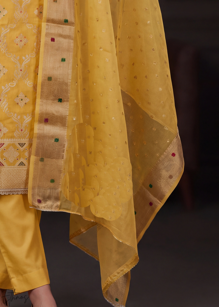 Sunset Marigold Geometric Tile Banarasi Cotton Pant Suit