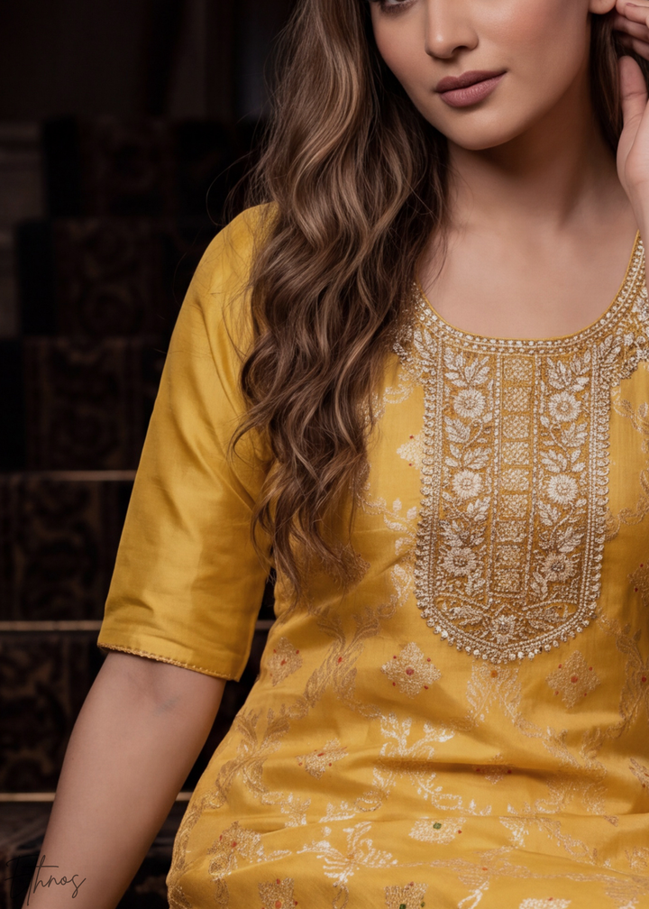 Sunset Marigold Geometric Tile Banarasi Cotton Pant Suit