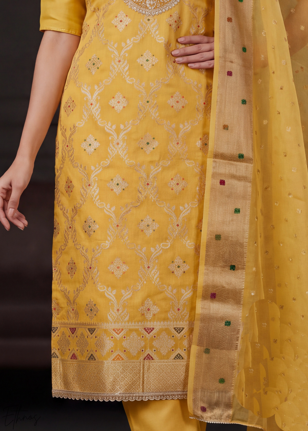 Sunset Marigold Geometric Tile Banarasi Cotton Pant Suit