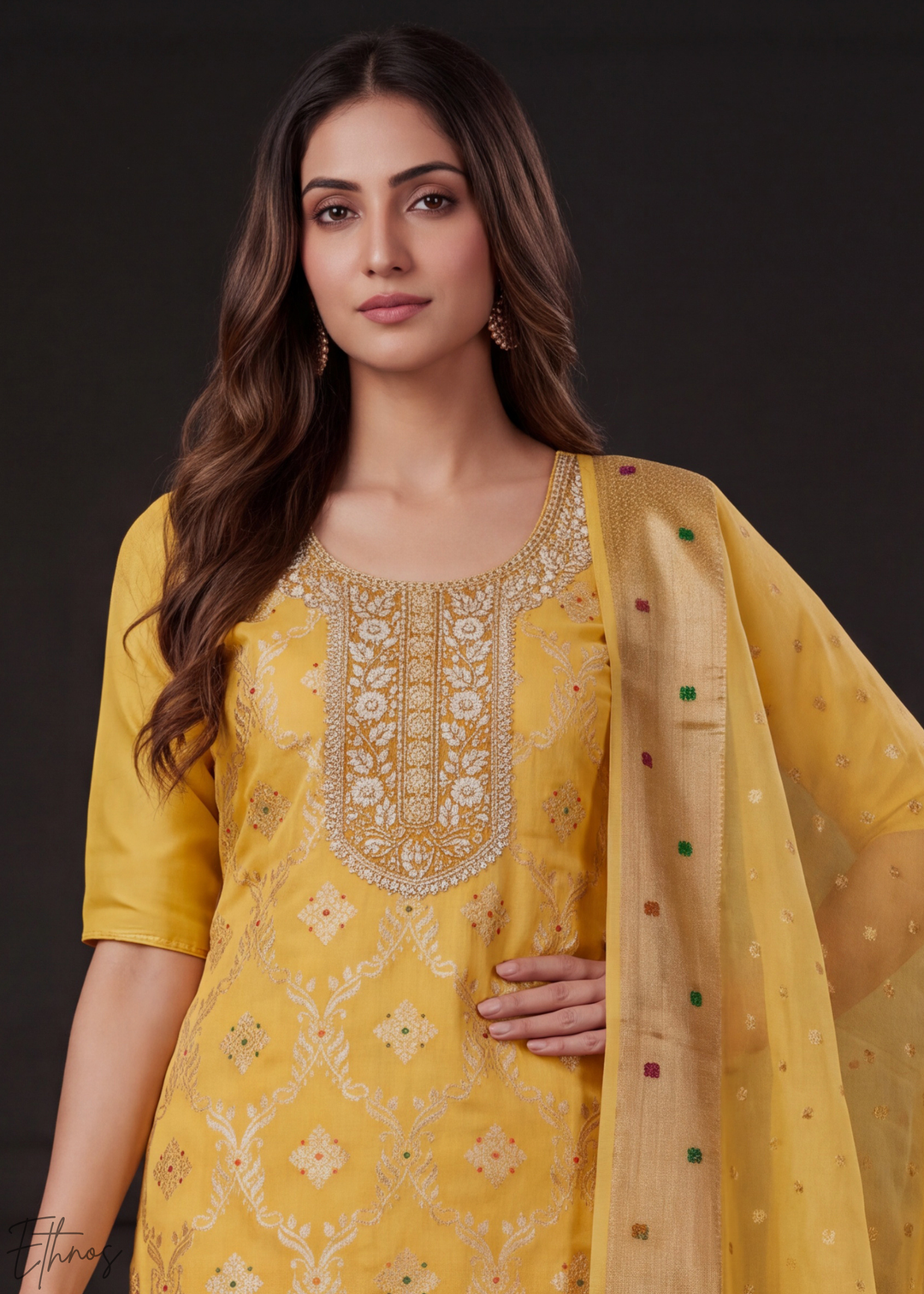 Sunset Marigold Geometric Tile Banarasi Cotton Pant Suit