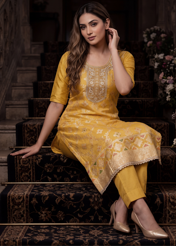 Sunset Marigold Geometric Tile Banarasi Cotton Pant Suit