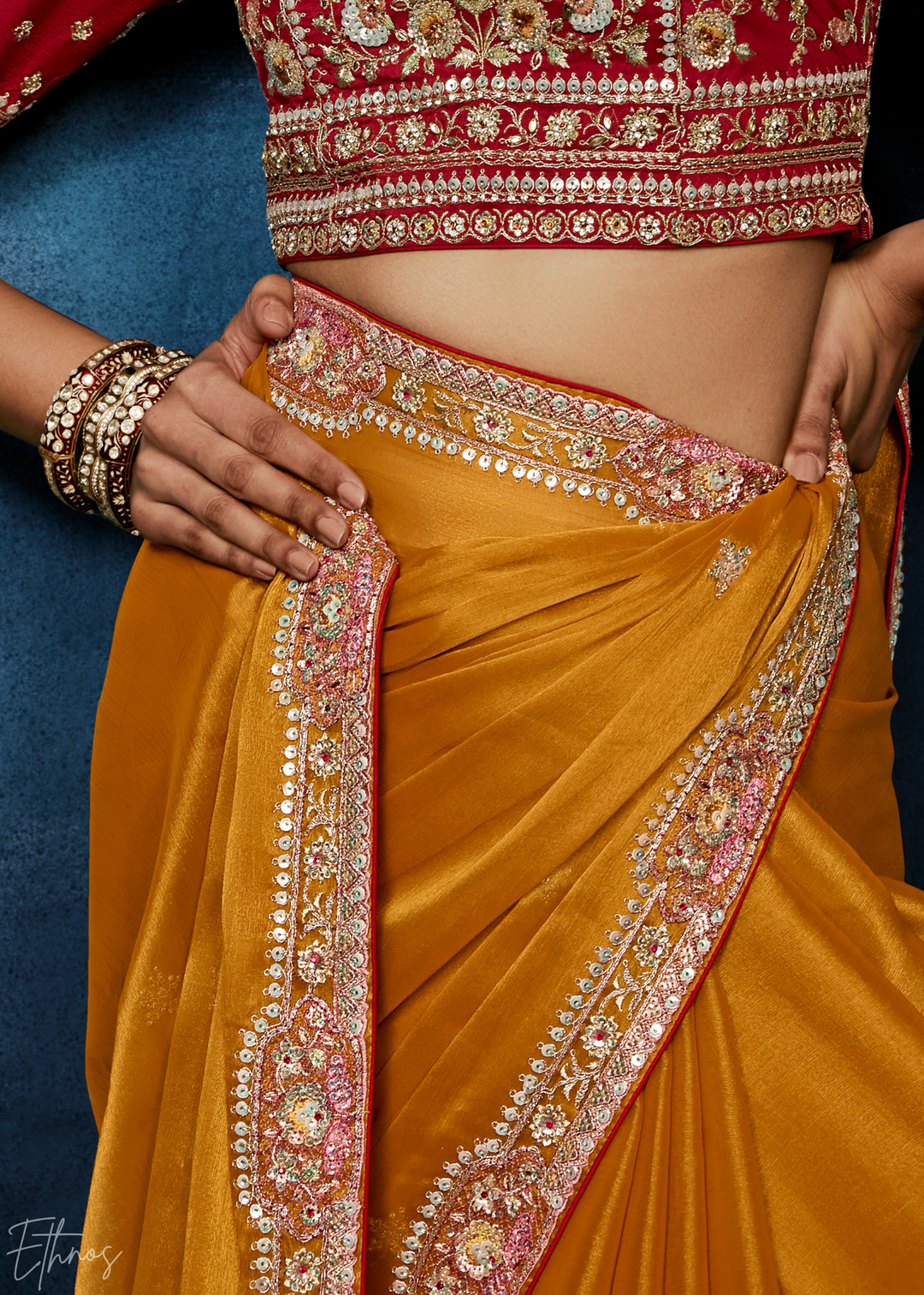 Sunset Marigold Tambour Embroidered Border Tissue Saree
