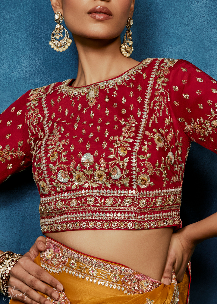 Sunset Marigold Tambour Embroidered Border Tissue Saree