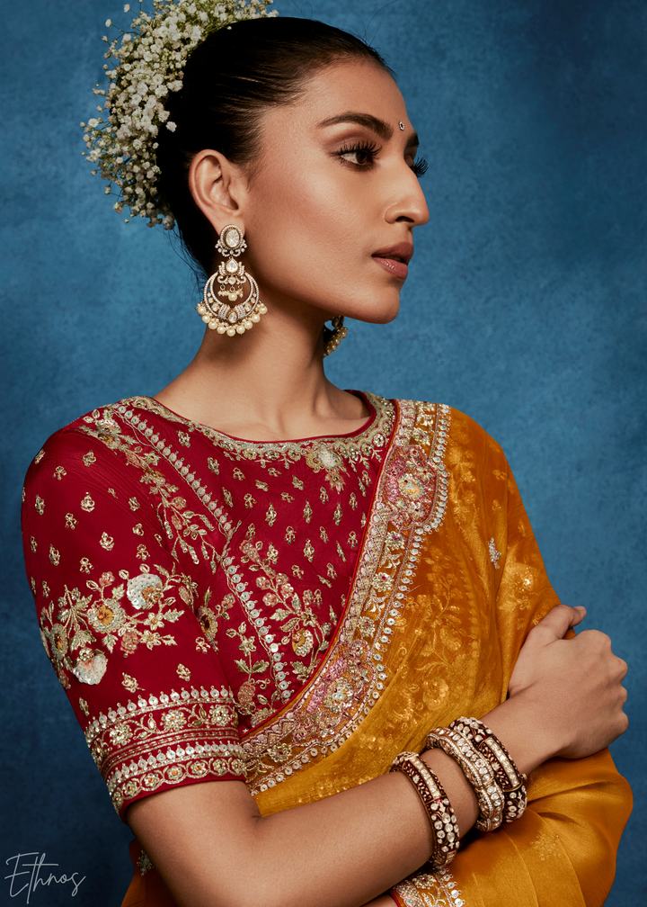 Sunset Marigold Tambour Embroidered Border Tissue Saree