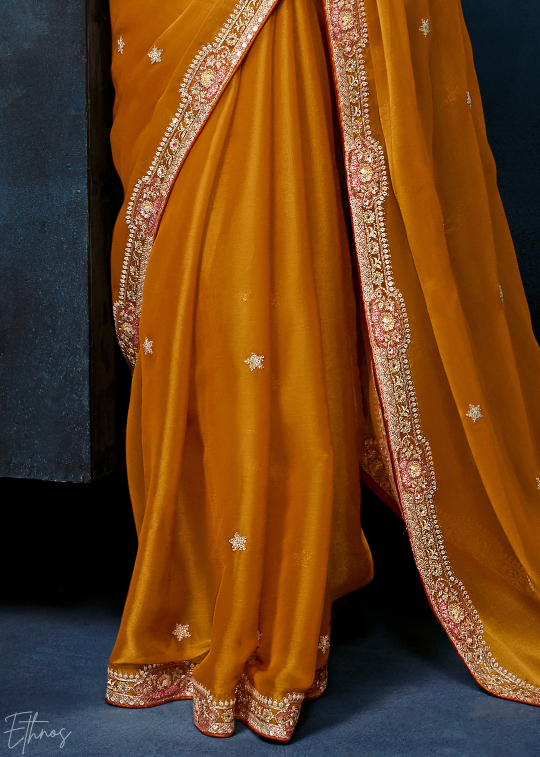 Sunset Marigold Tambour Embroidered Border Tissue Saree