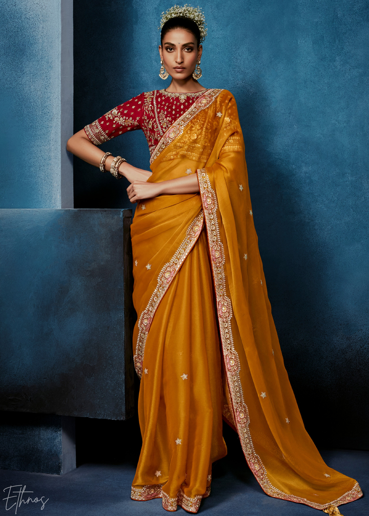 Sunset Marigold Tambour Embroidered Border Tissue Saree