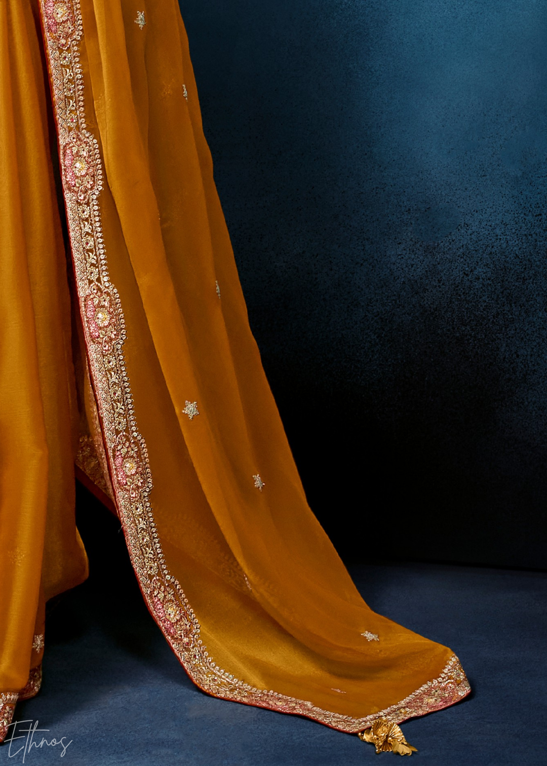 Sunset Marigold Tambour Embroidered Border Tissue Saree