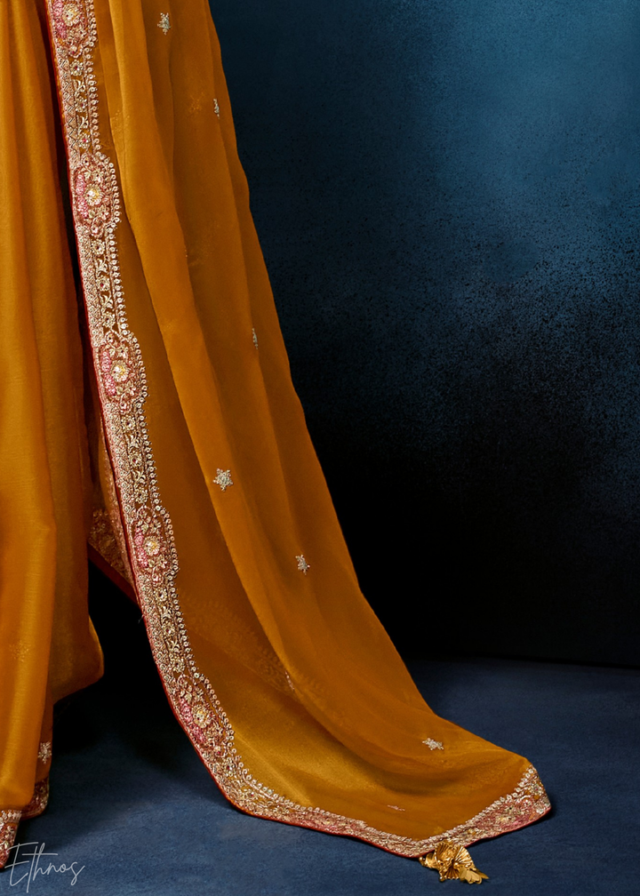 Sunset Marigold Tambour Embroidered Border Tissue Saree