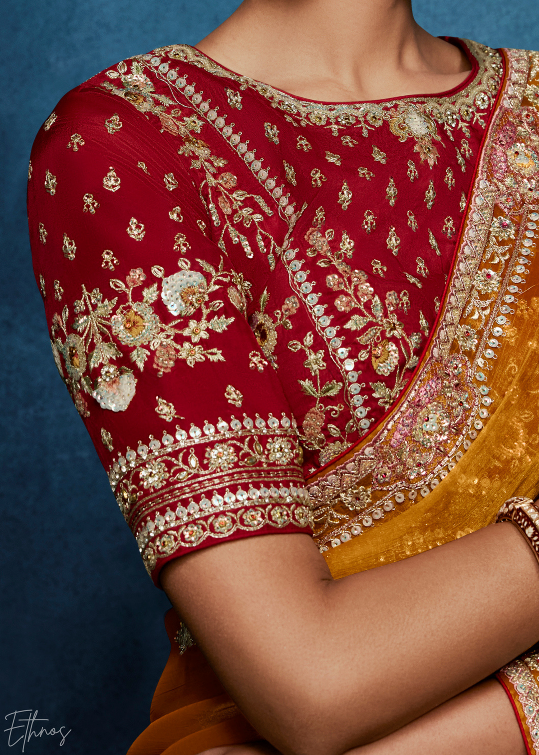 Sunset Marigold Tambour Embroidered Border Tissue Saree