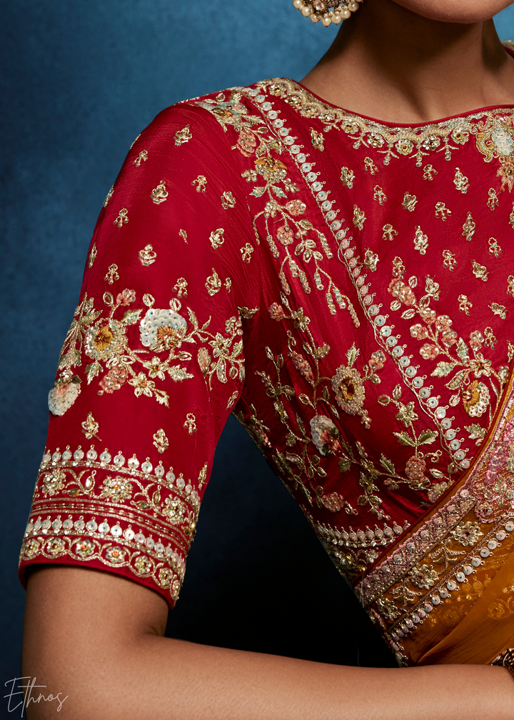 Sunset Marigold Tambour Embroidered Border Tissue Saree