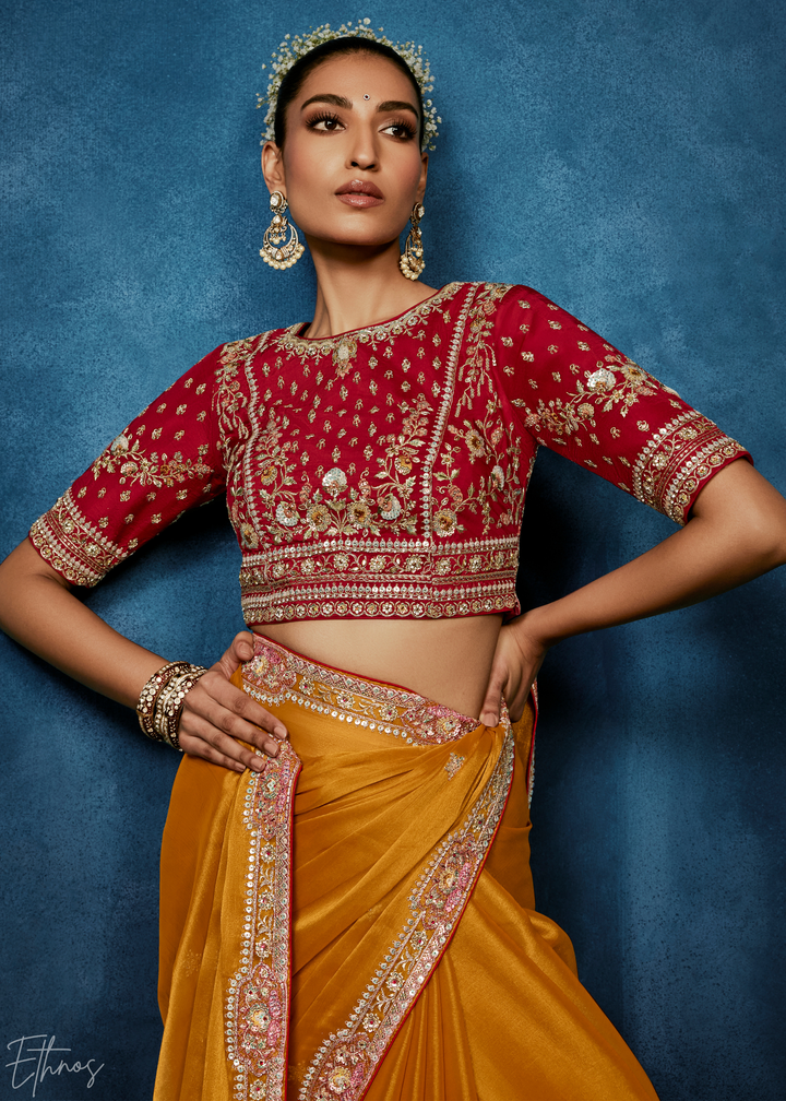 Sunset Marigold Tambour Embroidered Border Tissue Saree