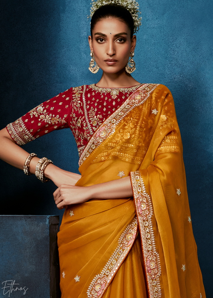 Sunset Marigold Tambour Embroidered Border Tissue Saree
