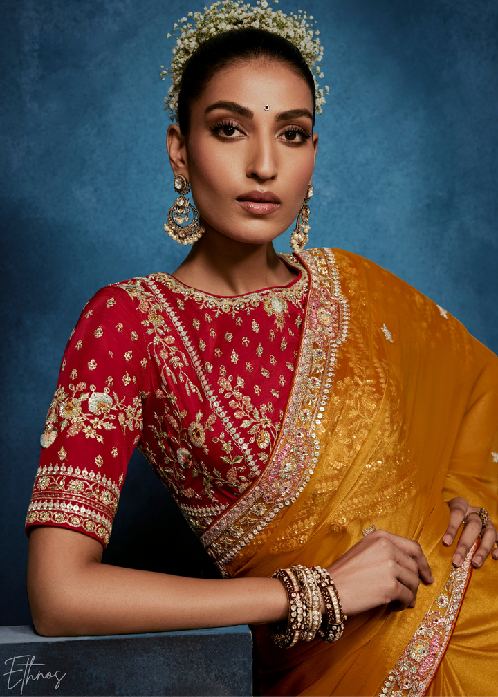 Sunset Marigold Tambour Embroidered Border Tissue Saree