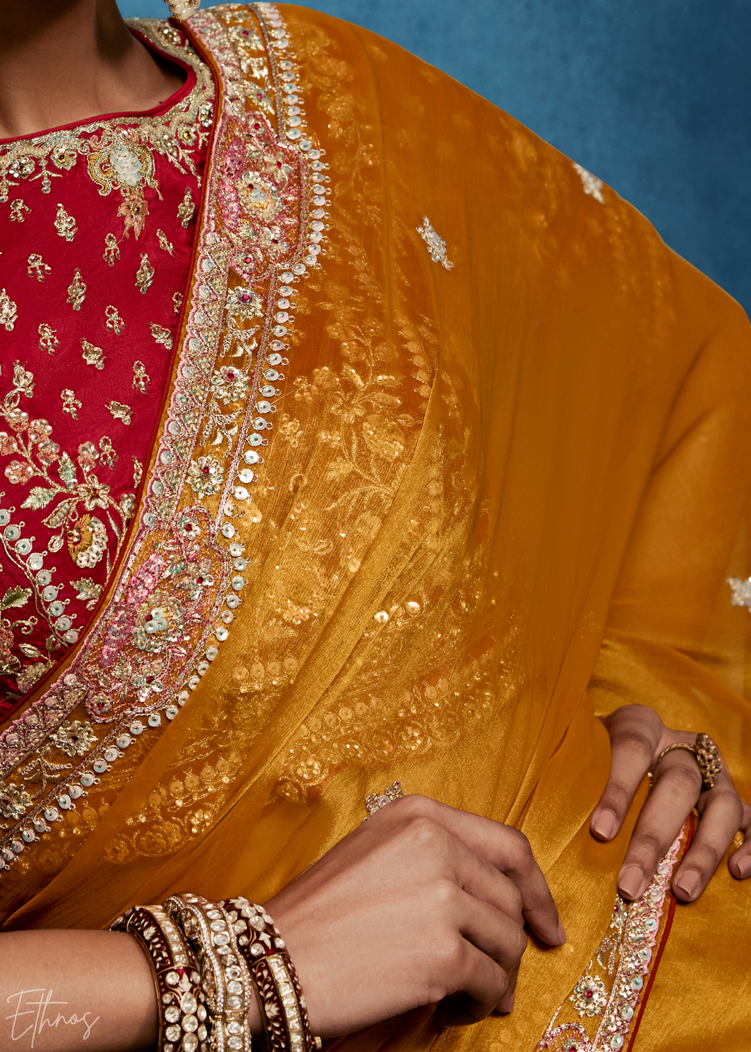 Sunset Marigold Tambour Embroidered Border Tissue Saree