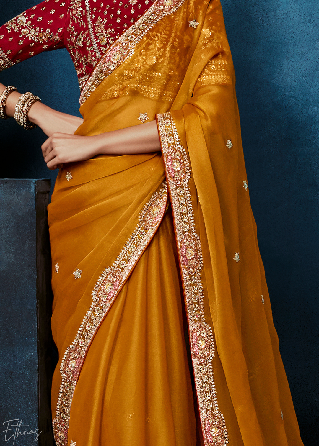 Sunset Marigold Tambour Embroidered Border Tissue Saree