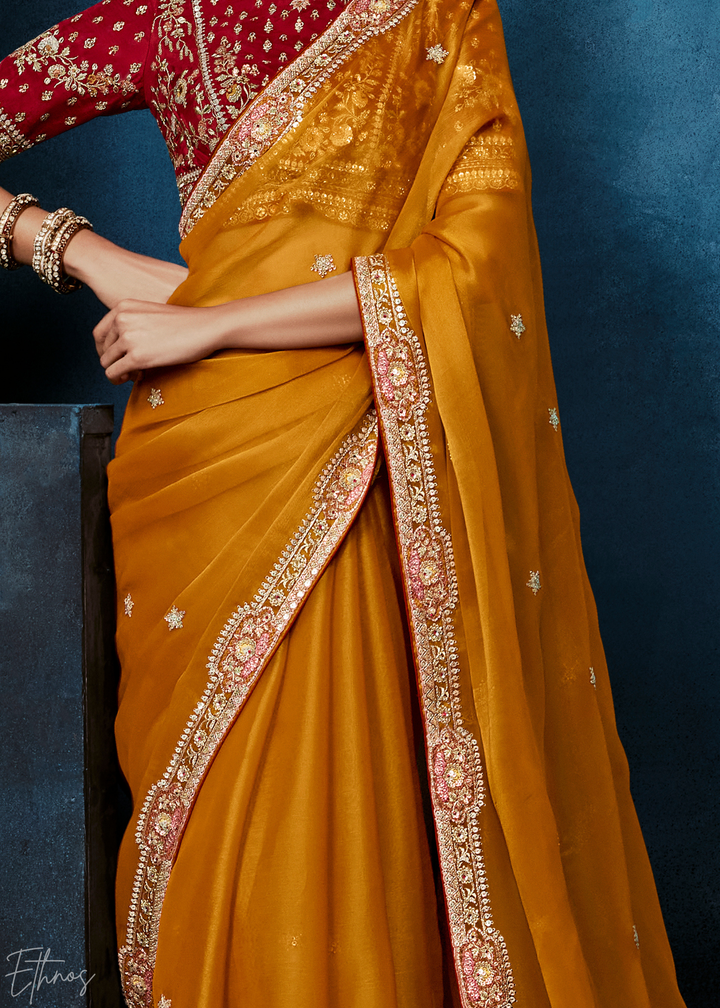 Sunset Marigold Tambour Embroidered Border Tissue Saree