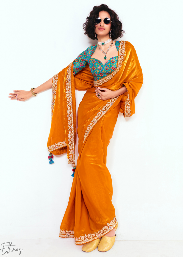 Sunset Orange Embroidered Tissue Saree