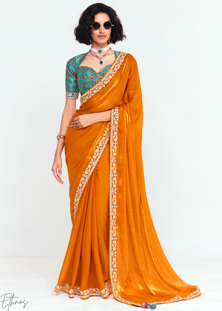 Sunset Orange Embroidered Tissue Saree